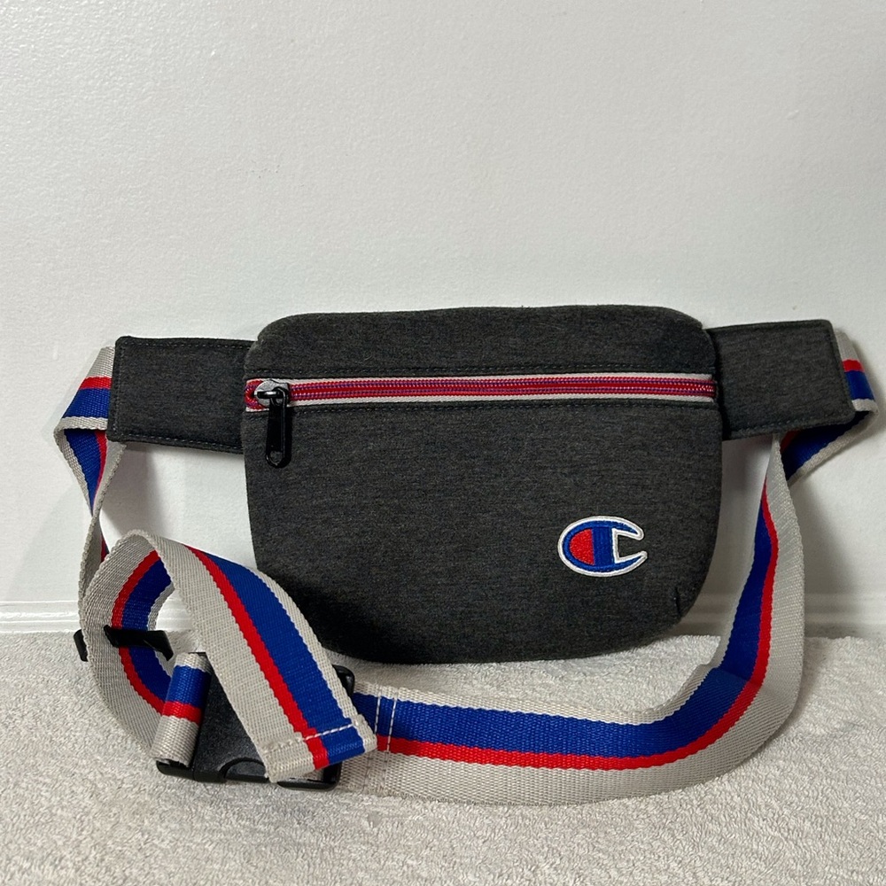 Champion Dark Gray Small Crossbody Belt Bag with Red and Blue Stripes Strap